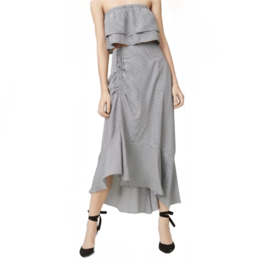 Club Monaco Ruanne Midi Skirt Size 2 Ruched Asymmetrical Gingham Black White